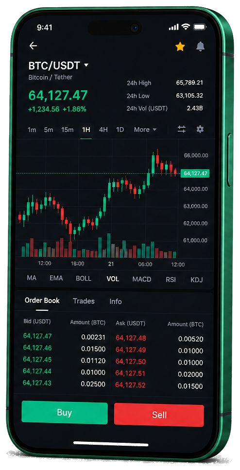 منصة Qarfina على الهاتف — مخطط BTC/USDT مباشر، دفتر أوامر، واجهة الشراء والبيع
